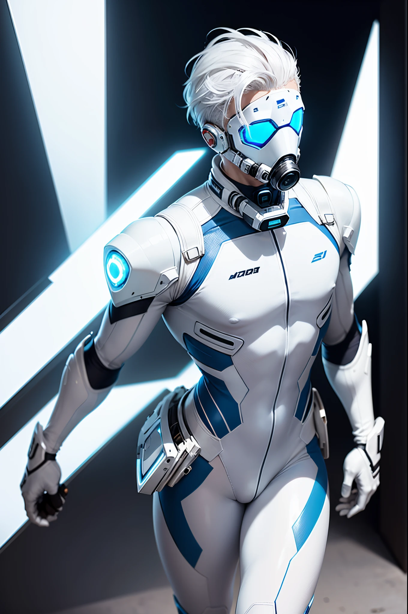 body suit, white and blue suit, futuristic suit, white gauntlets, white gloves, white hands, skin tight bodysuit, toned male, teenager, young male, futuristic gas mask and vizor, bodysuit, futuristic, sci fi, toned male, hands seen, hair visible, solo male, full body seen, white hair, holding a tool