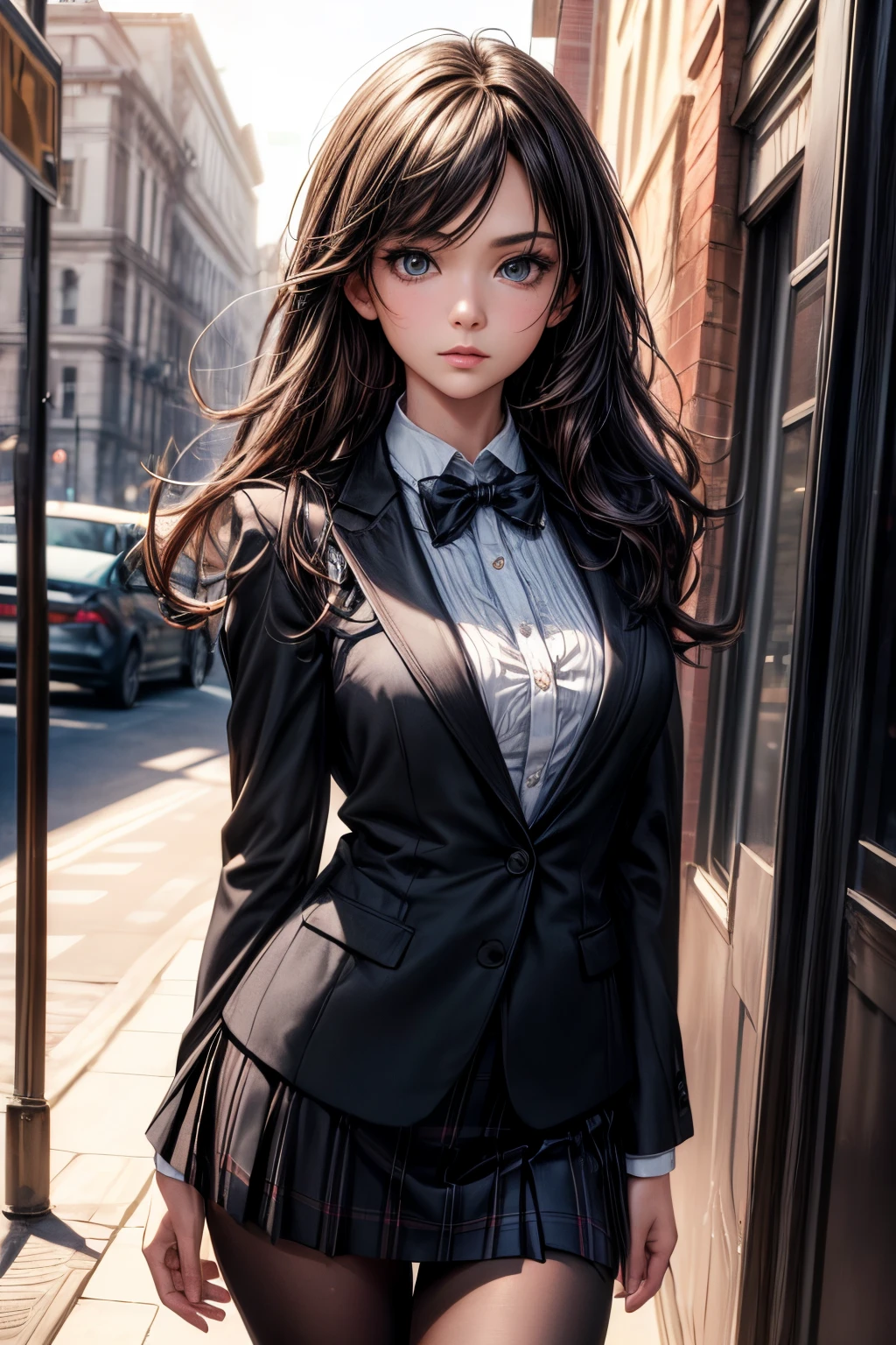 Top Quality, Masterpiece, 1 Girl, Beautiful Face, (Photorealistic Photos:1.3), Rim Lighting, (High Detail Skin:1.2), 8K UHD, DSLR, High Quality, High Definition, 4K, 8K, Bokeh, (Real: 1.3), Small Face, Cute One Girl, Black Formal Blazer, Middle Breast, Short Skirt,Office, half body