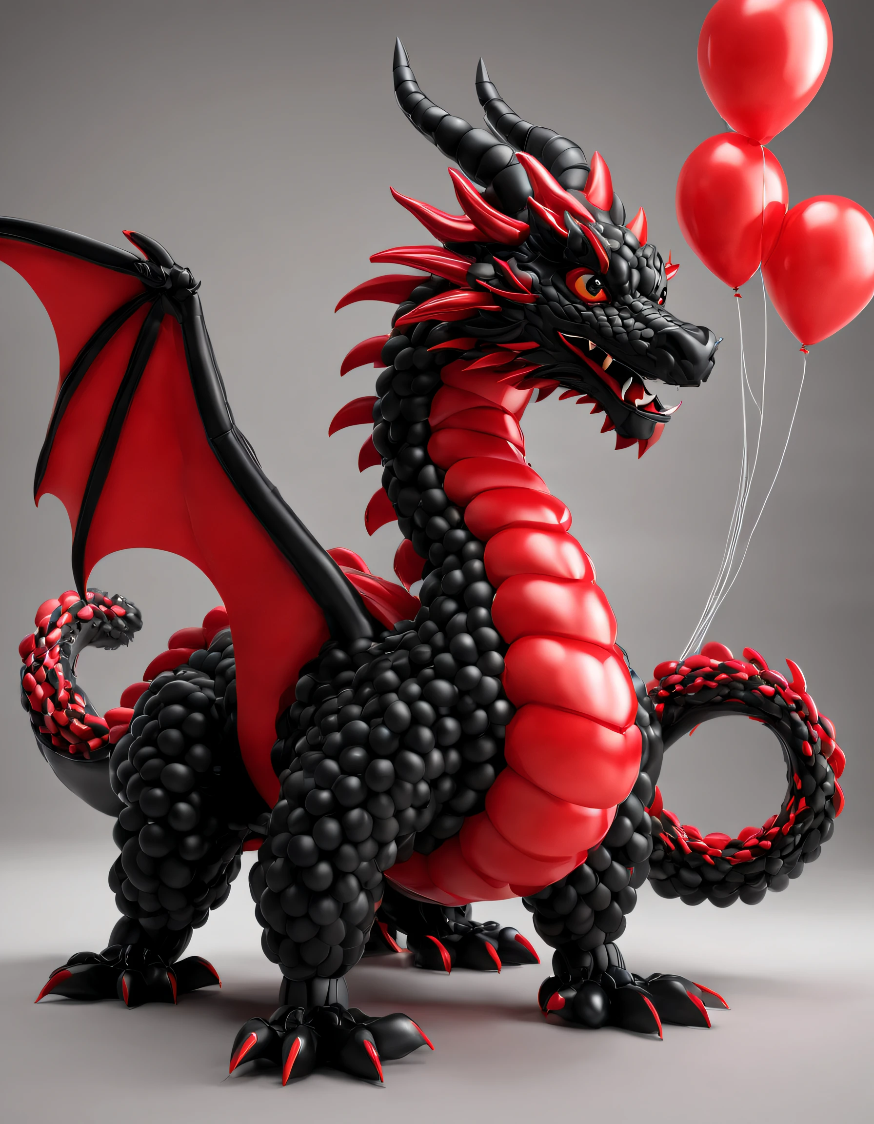 (balloon art design), (Dragon made of red and black balloons), intricate balloon art, Complex and gorgeous CG style, 3D, ultra - detailed, c4d, Octagonal rendering, Blander, 8K, k hd，Mascot 3D model, 3D ultra-detailed, Behance 3D Art Trends,