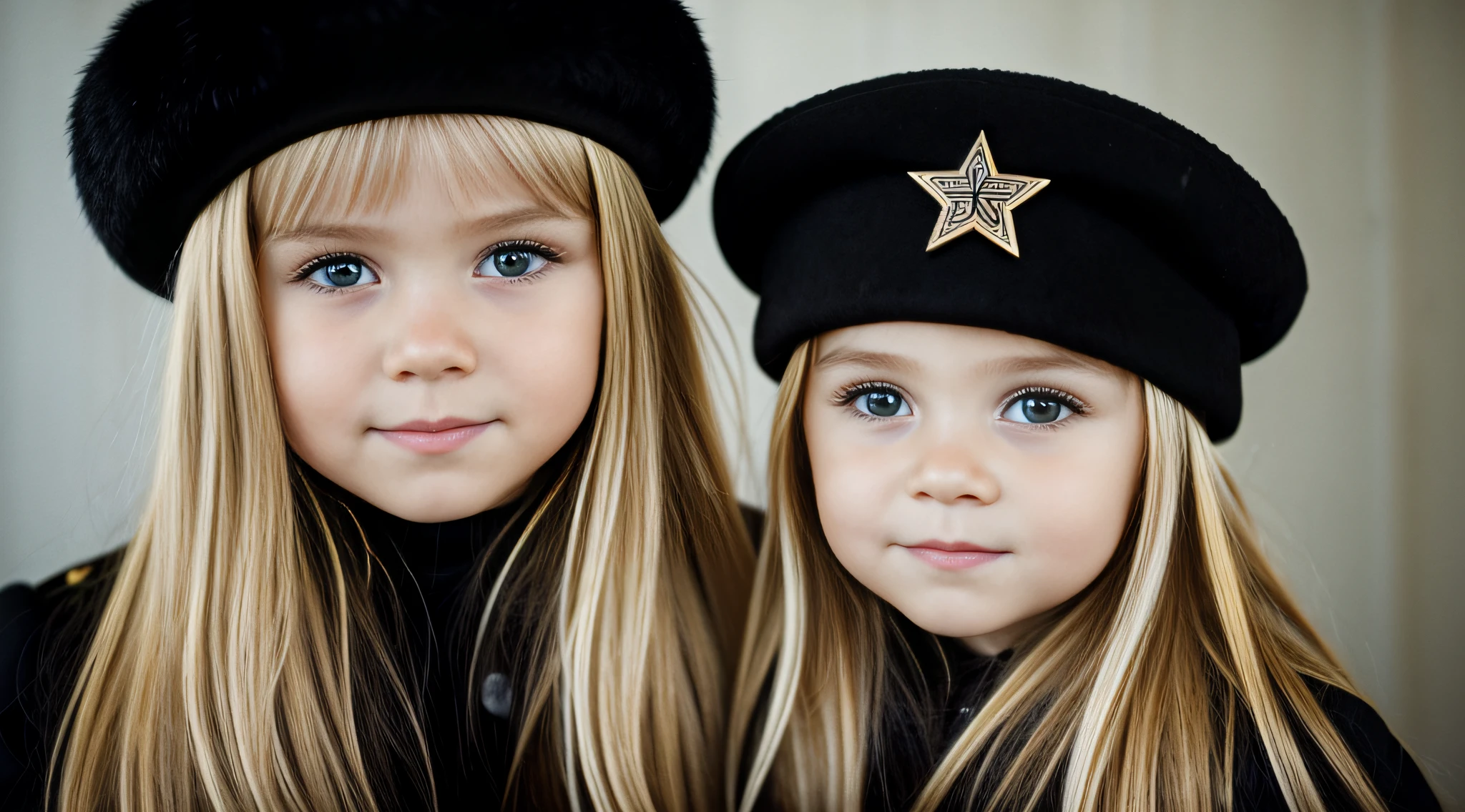 a close-up of a blonde child with long hair and a black hat with a star, URSS, boina preta com uma estrela vermelha, Russo, pele, soviete, Boinas, soviet style, SOVIET UNION, Russia, kalap, eslavo, boina preta, 1972 soviético, CCCP, plush