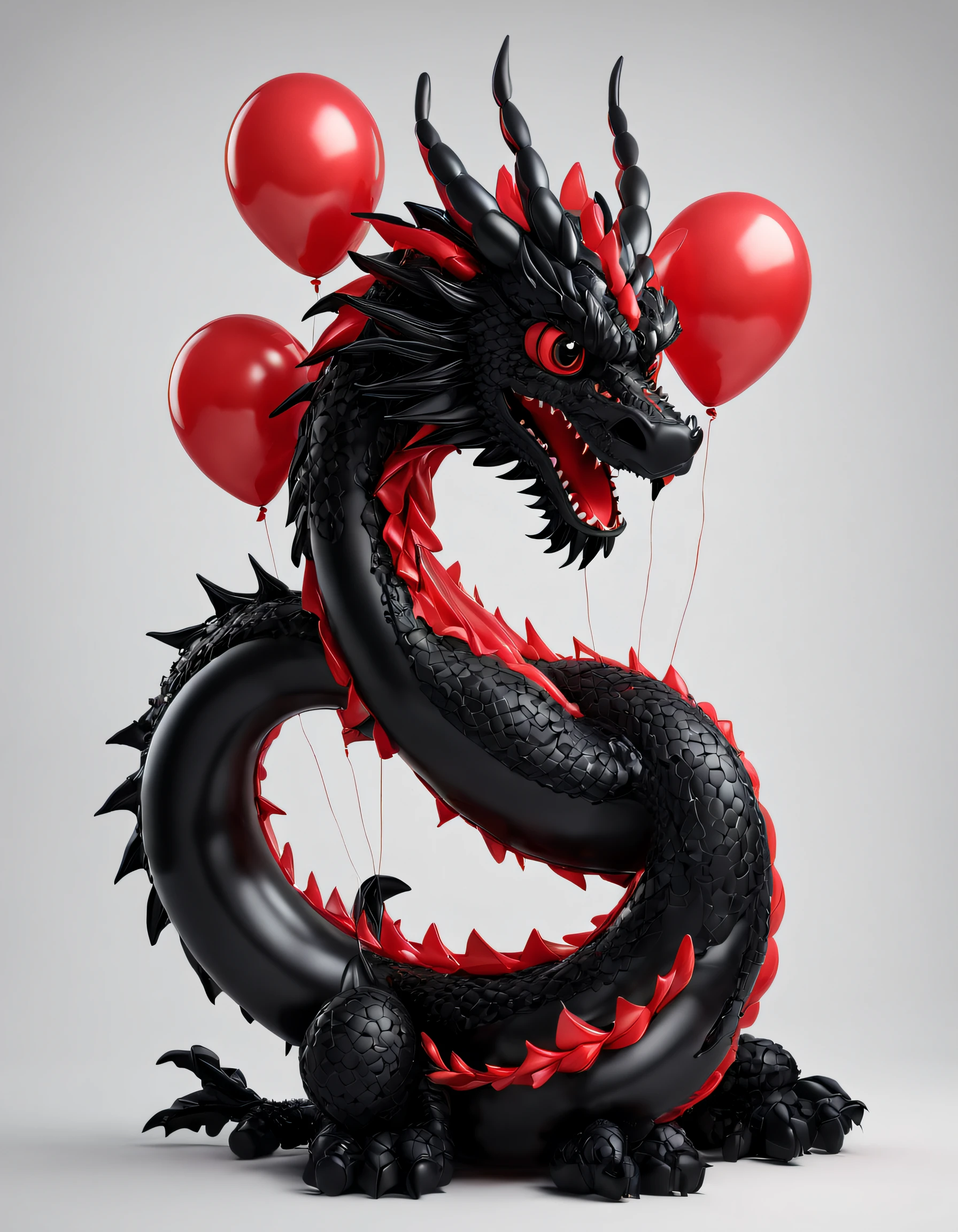 (balloon art design), (Dragon made of red and black balloons), intricate balloon art, Complex and gorgeous CG style, 3D, ultra - detailed, c4d, Octagonal rendering, Blander, 8K, k hd，Mascot 3D model, 3D ultra-detailed, Behance 3D Art Trends,