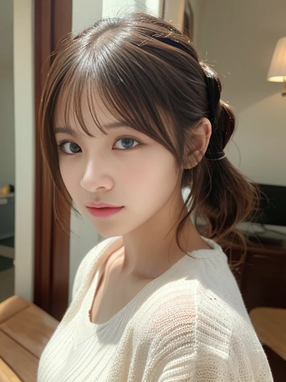 (masterpiece:1.5)、(8K)、(Photorealsitic:1.5)、Raw photography、(Top image quality:1.4)、(foco nítido:1.5)、
top-quality、masterpiece、超A high resolution、very detailed and professional lighting、
23 years old、slender、prety woman:1.4、serious facial expression、
In the living room where the morning sun shines、is standing、randome pose、
dressed casually、
light brown hair、poneyTail、Glowing hair、
Super Detail Face、A detailed eye、二重まぶた、
Natural Color Lip、Transparent skin、
