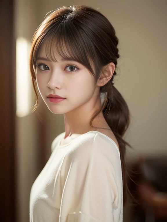 (masterpiece:1.5)、(8K)、(Photorealsitic:1.5)、Raw photography、(Top image quality:1.4)、(foco nítido:1.5)、
top-quality、masterpiece、超A high resolution、very detailed and professional lighting、
23 years old、slender、prety woman:1.4、serious facial expression、
In the living room where the morning sun shines、is standing、randome pose、
dressed casually、
light brown hair、poneyTail、Glowing hair、
Super Detail Face、A detailed eye、二重まぶた、
Natural Color Lip、Transparent skin、
