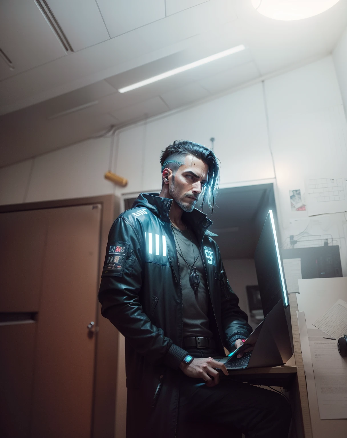 a man in a cyberpunk room working on Laptop