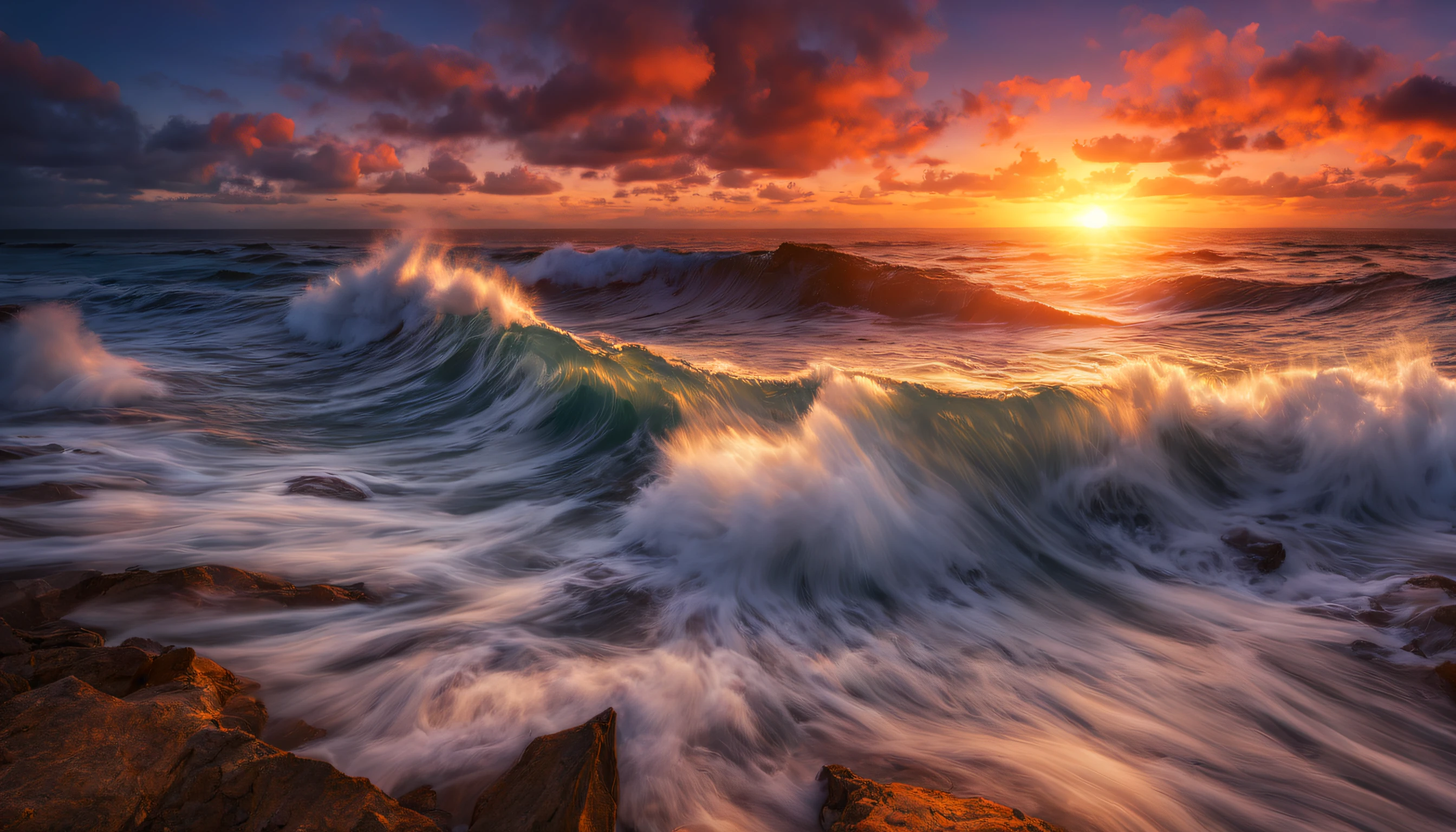 arafed view of a sunset over the ocean with waves crashing, chaotic sea setting, vibrant sunrise, breathtaking colors, breathtaking look, vibrant sunset, breathtaking composition, beautiful sea landscapes, stunning sunset, magnificent background, sunset glow, beautiful background, beautiful dreamy breathtaking, marc adamus, warm beautiful scene, epic sunset, beautiful sunset, beautiful sunset glow, beautiful ocean