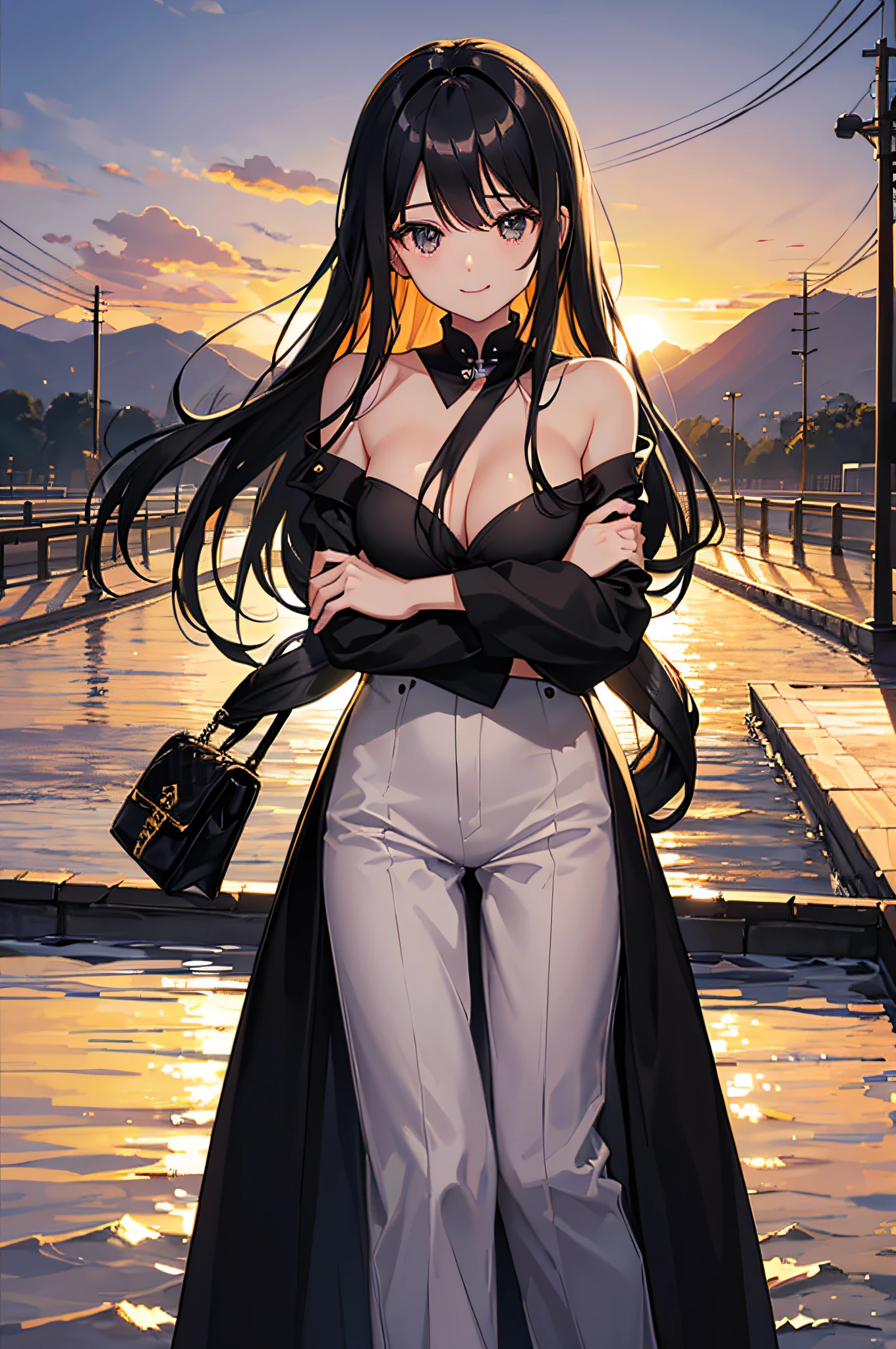 top-quality、Top image quality、Black Dress、Long Black Hair、medium breasts、You can see the sunset in the evening、shores、Smiling face、Take a pose、Precise face、Focus on girls、A system that allows you to see white pants