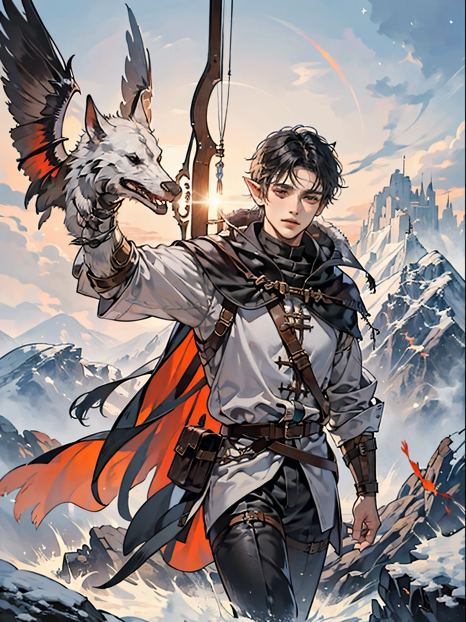 (best quality, high definition) adult 1 male elf, mystic archer, archery, long black hair, gray eyes, expressive detailed face, middle ages, dnd character, adventurer, winter medieval background