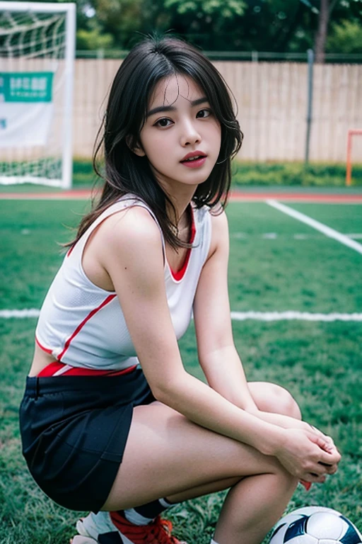 Slender Asian girl, K-pop idol, ((Soccer baby)), ((top-quality, 8K, tmasterpiece: 1.3)), lock focus: 1.2, Beautiful Women with Perfect Figure: 1.4, Detailed depiction of facial and skin textures, 詳細な目, skiny, beauitful face, Symmetrical face, whole-length, Thigh thick, Engraving installation, soccer court,Sexy sportswear,Soccer baby