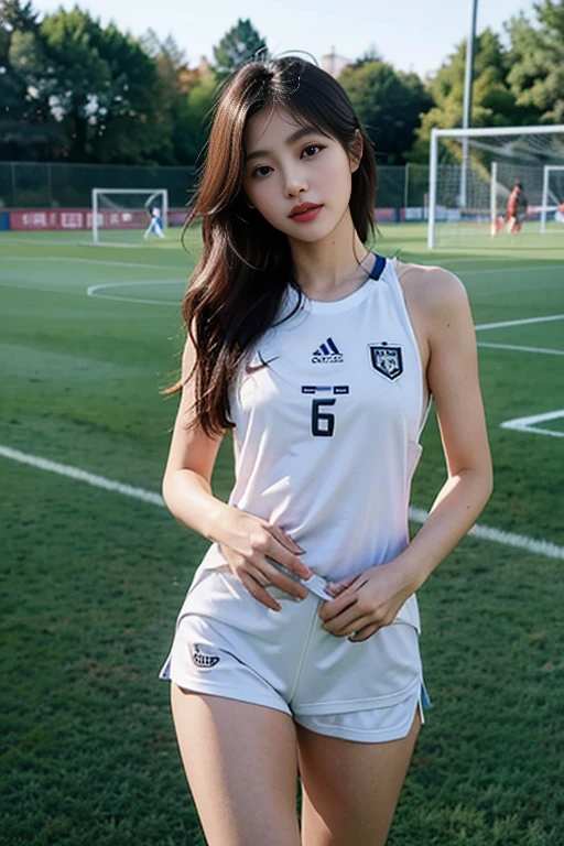 Slender Asian girl, K-pop idol, ((Soccer )), ((top-quality, 8K, tmasterpiece: 1.3)), lock focus: 1.2, Beautiful Women with Perfect Figure: 1.4, Detailed depiction of facial and skin textures, 詳細な目, skiny, beauitful face, Symmetrical face, whole-length, Thigh thick, Engraving installation, soccer court，Sexy sportswear，Soccer baby