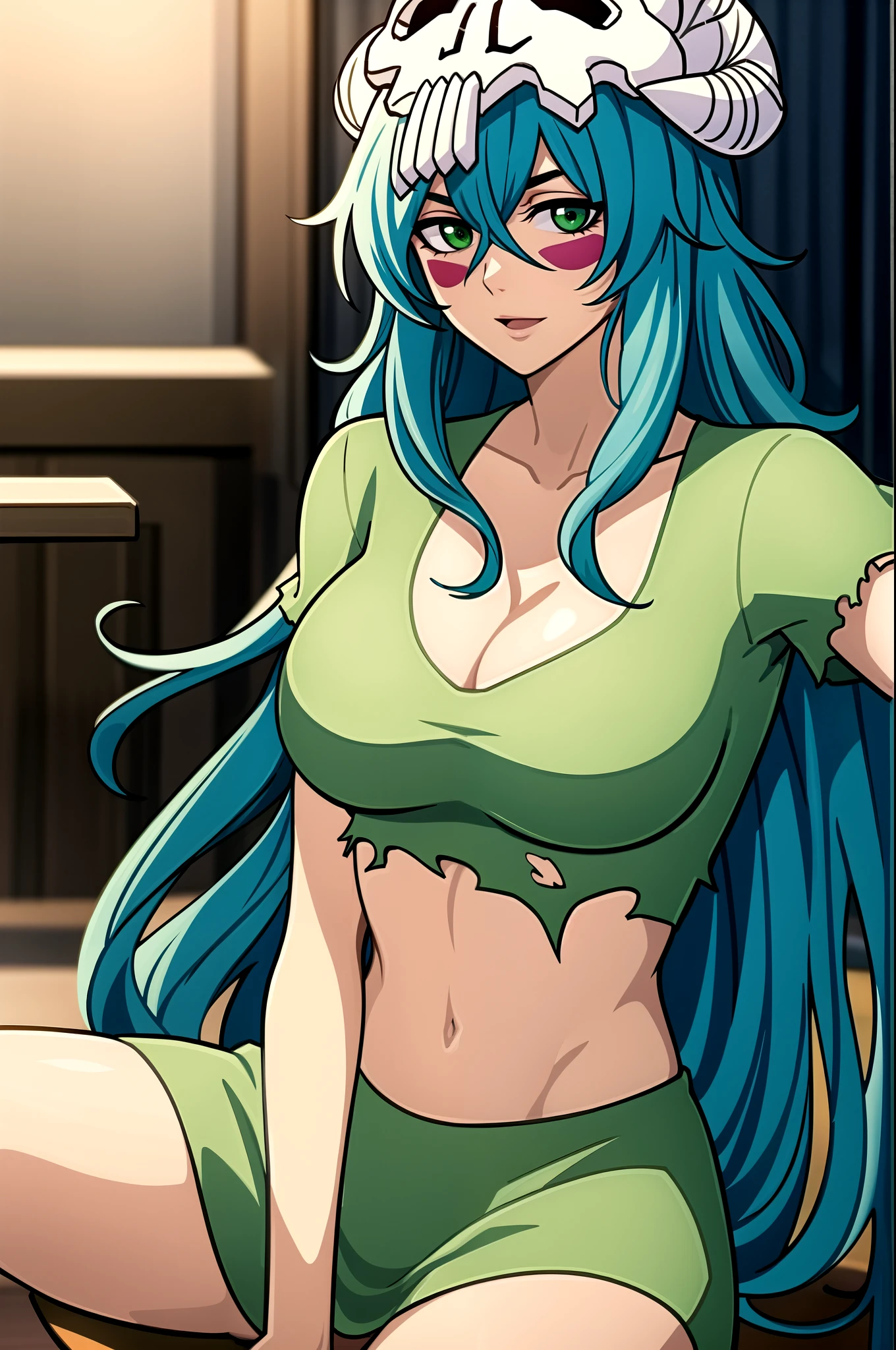 perfect eyes:1.2, detailed eyes:1.4, buttlerfly sitting, Green Shirt, skull headdress on her head, short sleeves, Navel, cleavage, collarbone, green eyes, aqua green hair, bangs, Long hair, facial mark, torn clothes, underboob, hair between eyes, 1girl, solo, (masterpiece:1.6, best quality), 8k, insane details, intricate details, hyperdetailed, hyper quality, high detail, ultra detailed, professional, HDR, ray tracing reflection, cinematic lighting,