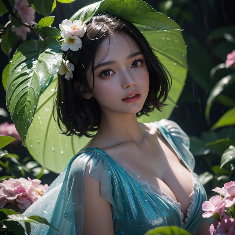 Thumbelina takes shelter from the rain under a big leaf, beautiful detailed face,
shiny hair, shimmering dress, embarrassed face, sparkling eyes, wet, rainy night,
flowers, best quality, top quality, masterpiece, CG, 3d, Disney style, fairytale theme,
octane render, detailed reflection, cinematic shot, ultra-detailed, aesthetic,
detailed background, luminescence, best quality, uhd, 32k