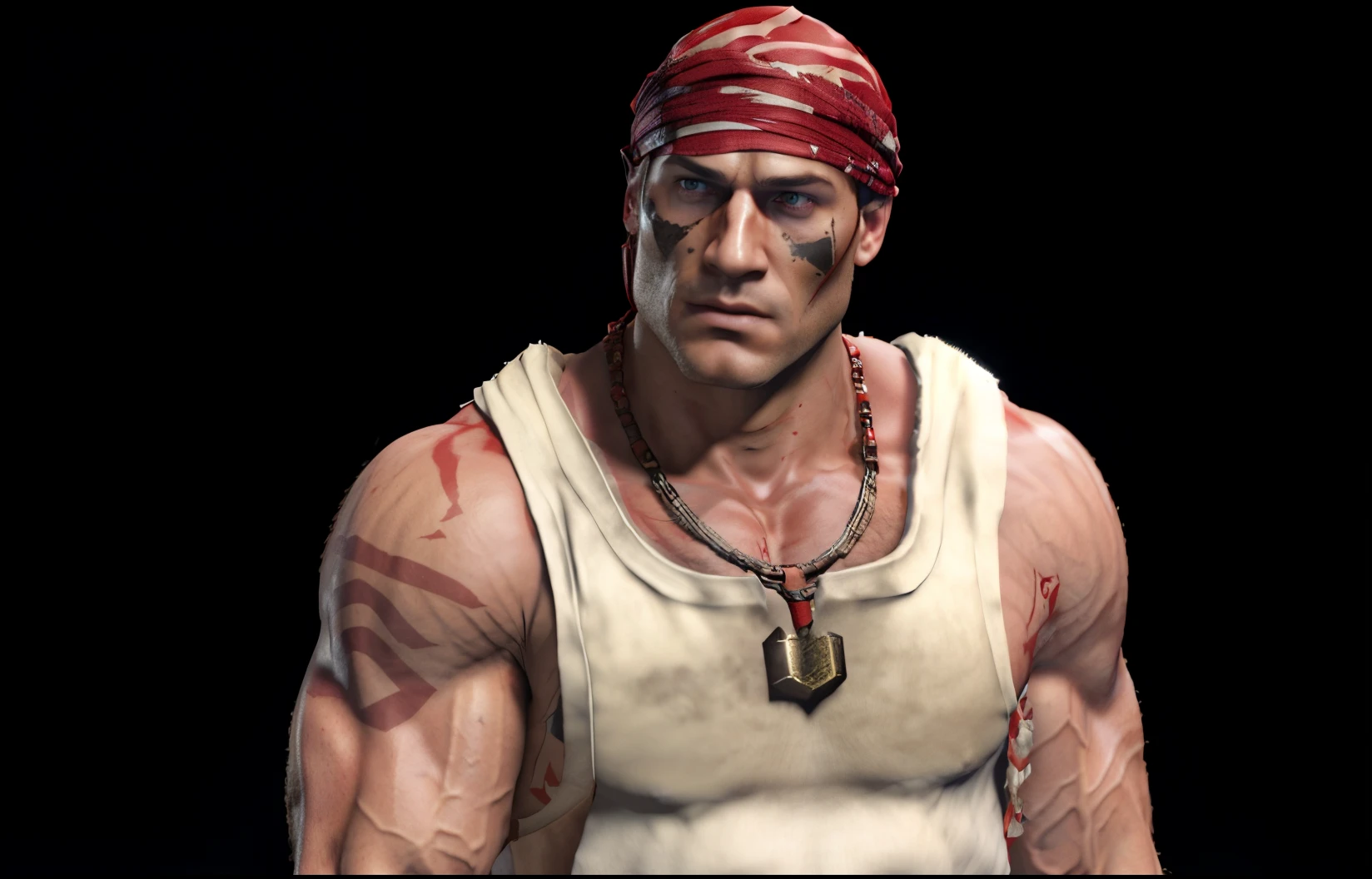 a close up of a man detail face with a red bandana on his head, technoviking male with no shirt, buff man, heavy looking, muscular character, as a character in tekken, arnold maya render, male character, bald male swashbuckler, goro from mortal kombat, picture of an adult male warrior, buff painting, sam hyde in god of war 4