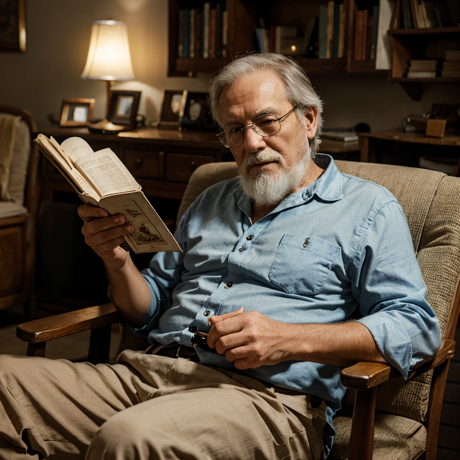old man sitting in chair with storybook in hand