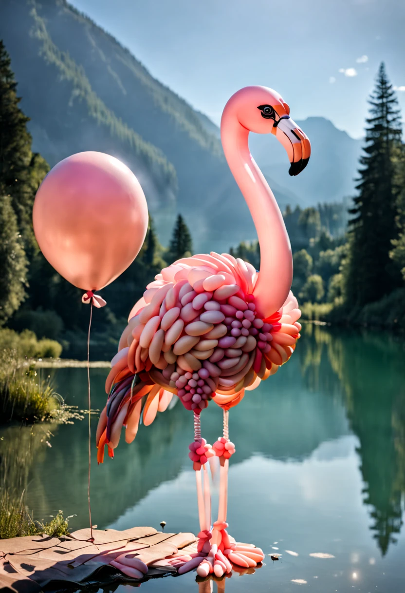 balloonz, balloons, made out of balloons, flamingo, standing on one leg at a lake, natural lighting