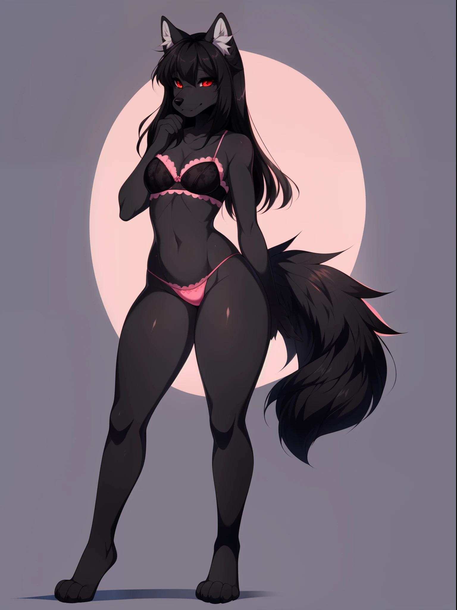 Solo, grey wolf, red eyes, black ears,  ear fluff, snout, black nose, long black hair, a single black wolf tail, straight bangs, tall, slender, medium breasts, thick thighs, barefoot, 4 toes, wearing frilly pink bra, pink thong, by fumiko, by hyattlen, by hioshiru, standing, neutral pose