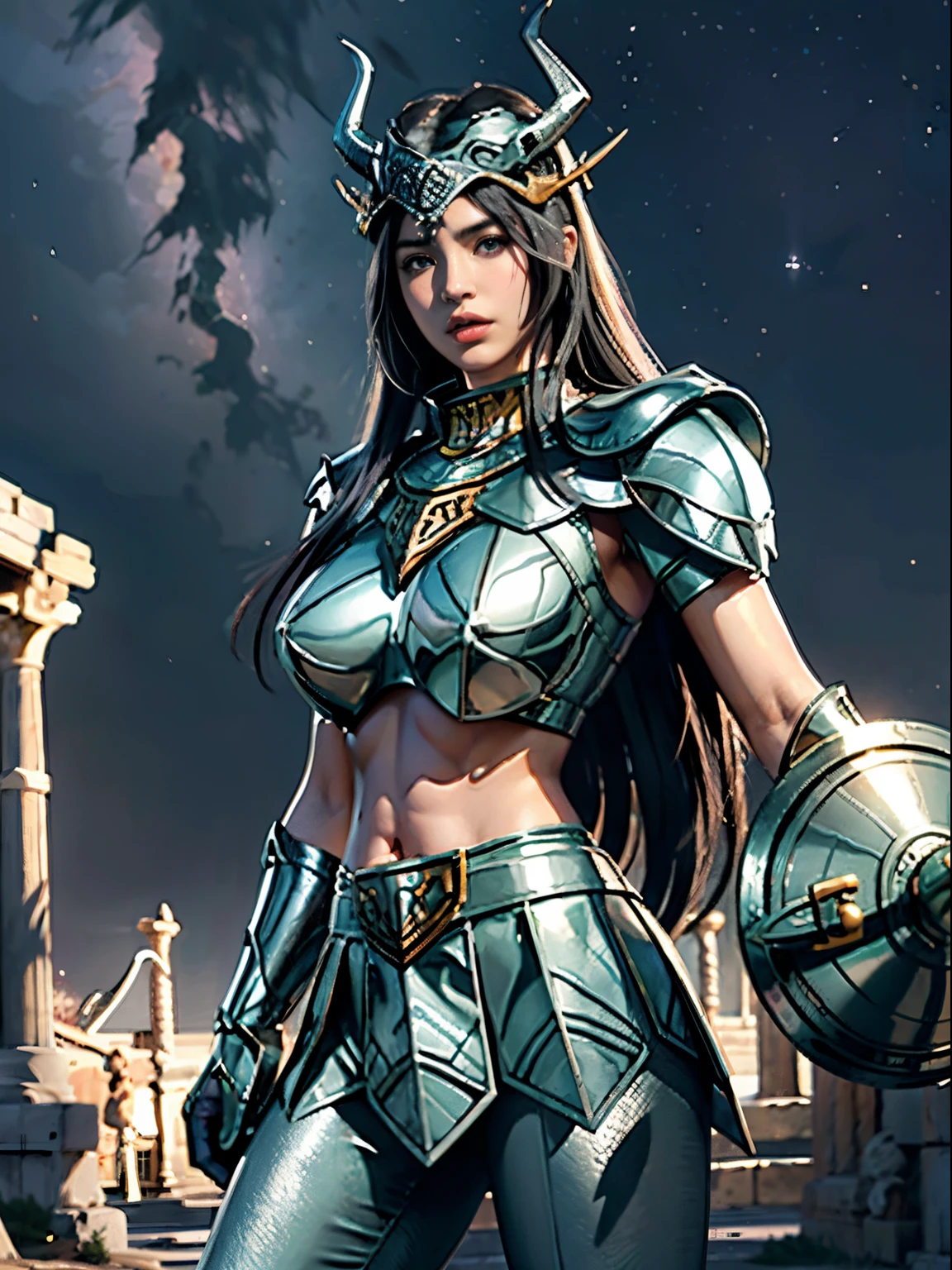 masterpiece, best quality, ultra high res, realistic skin texture, armature, (photorealistic:1.4), high resolution, raw photo, shiny skin, realistic skin texture, best lighting, sparkle, dramatic lighting, dynamic pose, (greek temple background:1.3), night sky, cosmos, milky way, 1girl, (medium breast:1.1), balanced eyes, Dragon Shiryu wearing green silver armor, purple pants, purple short sleeve shirt, wearing dragon helmet, roman skirt plate, (breast plate:1.5), very long hair, shield, cleavage,