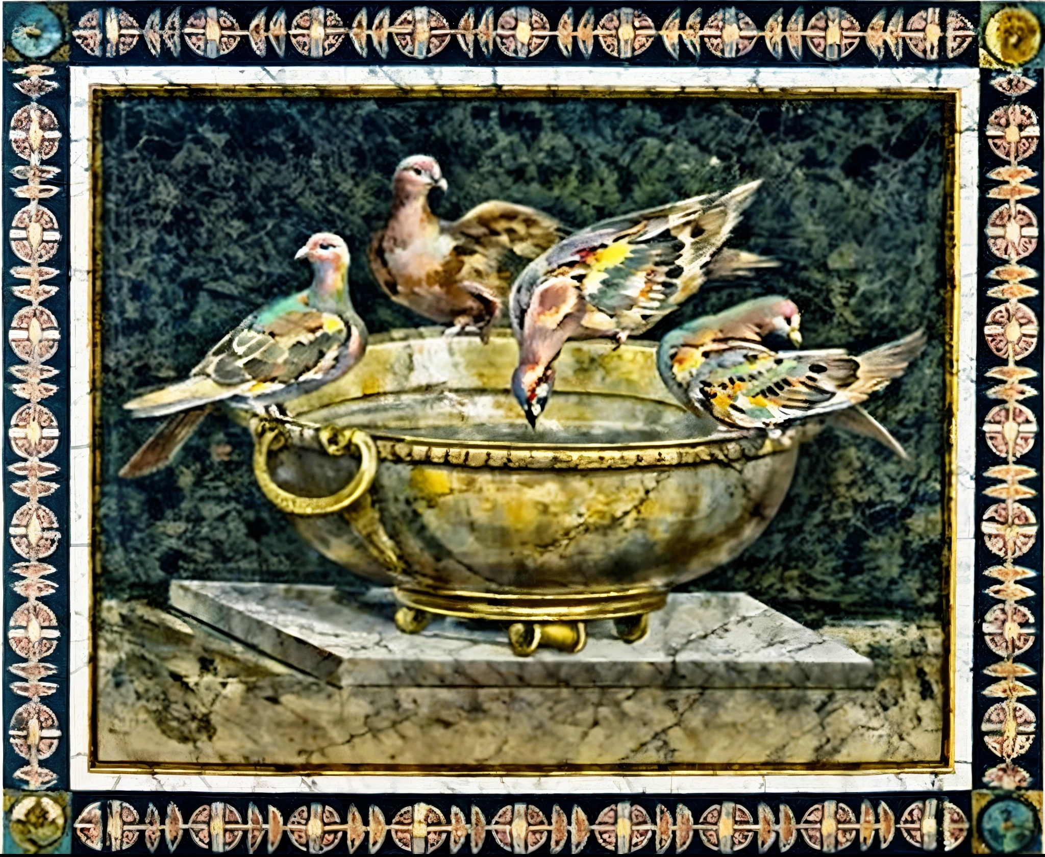 painting of a bowl with doves in it and a slab, found in the ruins of pompeii, on a marble pedestal, roman, from italica, by Giovanni Battista Cipriani, fresco, by Romano Vio, by Antonio de la Gandara, by Mariotto Albertinelli, doves, by Domenico di Pace Beccafumi