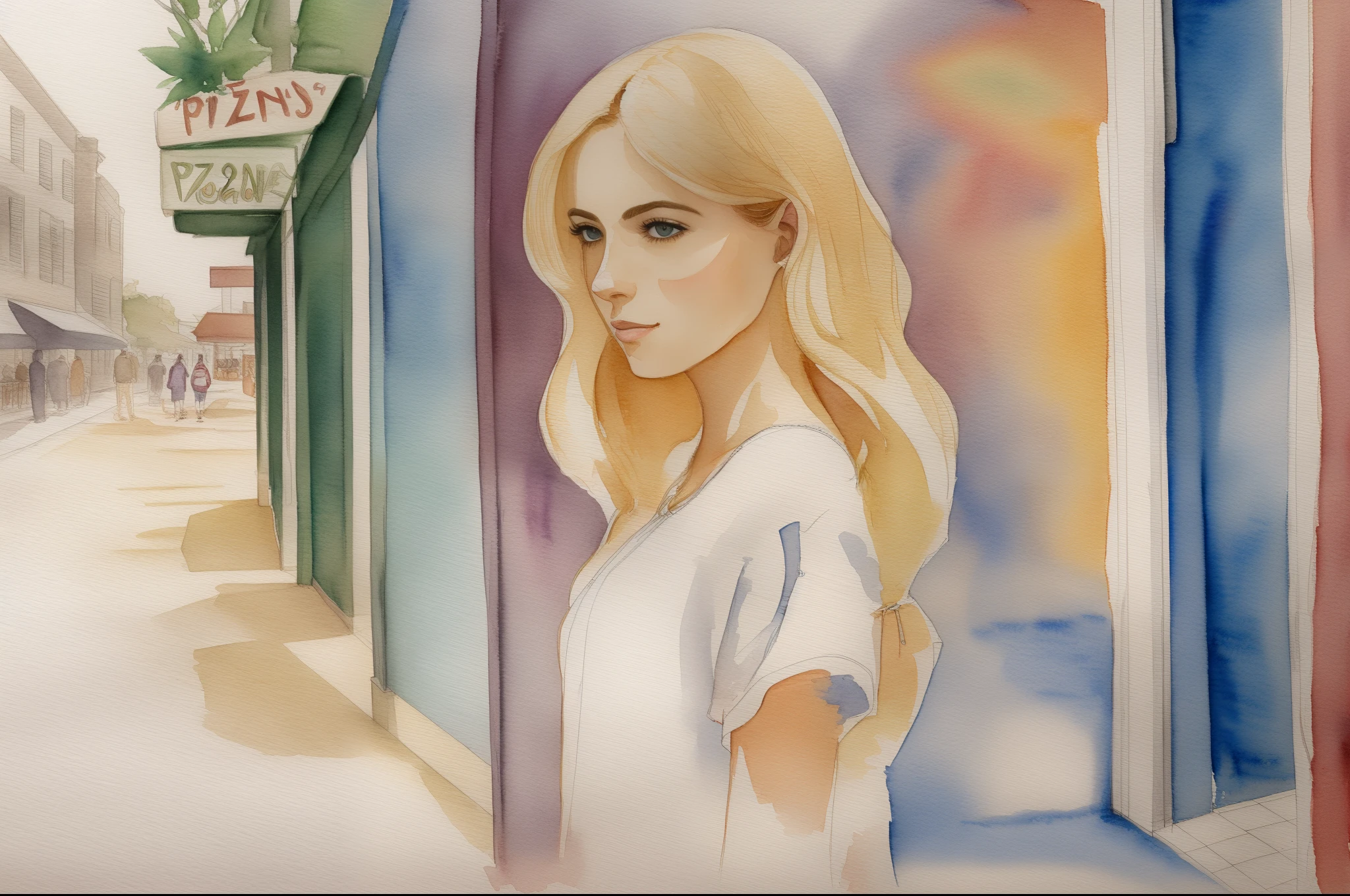 a blond woman walking at the street though a pizzaria, watercolor. --auto --s2