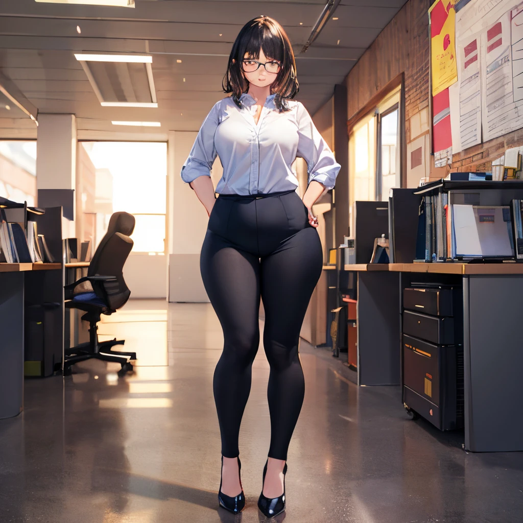 (masterpiece:1.3),(best quality:1.2),8k,absurdres,unity 8k wallpapper,(extremely detailed:1.3, fullbody, centered view), looking at viewer, alternated hairstyles, black hair, saggy, middle-aged woman, curvy, office lady, detailed background, standing, shy, ultra realistic, glasses, naughty pose, highly detailed face, 1girl
