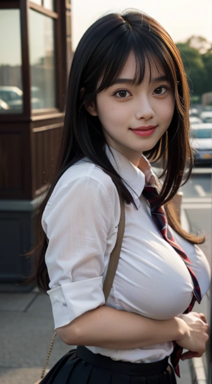 (dasha taran),japanese,upper half of body,Big eyes,small face,school uniform,bangs,in the dark,thick body:1.8,huge breasts:1.7,lustrous skin,smile,sunset,School zone