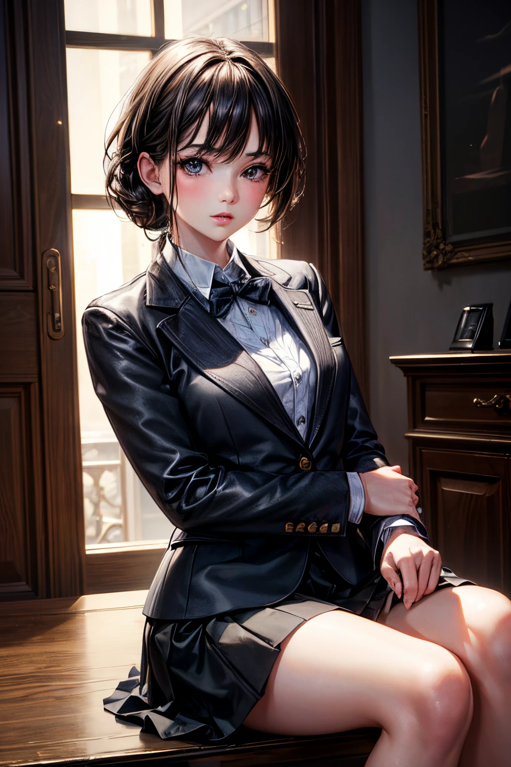 Top Quality, Masterpiece, 1 Girl, Beautiful Face, (Photorealistic Photos:1.3), Rim Lighting, (High Detail Skin:1.2), 8K UHD, DSLR, High Quality, High Definition, 4K, 8K, Bokeh, (Real: 1.3), Small Face, Cute One Girl, Black Formal Blazer, Middle Breast, Short Skirt,Office, half body