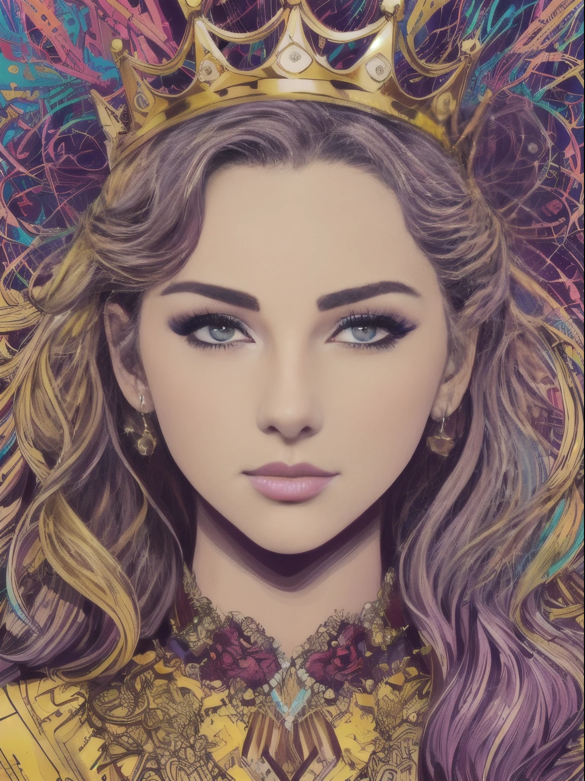 Highly detailed, High Quality, Masterpiece, beautiful, FISideRight face, right side face angle, 1girl, solo, ((best quality)), ((masterpiece)), (detailed), perfect face, abstract beauty, Create a digital art work in pop art style, luxury elegance bold with hint of feminine, happy & youthful, authentic, brave, princess wearing crown, (purple), (gold), centered, key visual, intricate, highly detailed, breathtaking beauty, precise lineart, vibrant, comprehensive cinematic, Carne Griffiths, Conrad Roset, vector art, Colorful graffiti illustration, (the most beautiful portrait in the world:1.5)