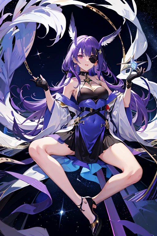 （（tmasterpiece：1.4，Best quality））++，（hyper-detailing）+，（Best quality，hyper-detailing，vibrant with colors，rich colourful，dynamic angle，hight contrast：1.2），one-girl,Height about 158cm ，The left eye wears a dark purple eyepatch ，Alone, Collar, As estrelas (symbol), long whitr hair, Long blue-purple hair, Shawl hair,blue purple starry sky eyes, shinning eyes, jewely,M bangs, Blue, purple, black and pink dress,cropped shoulders，European，There are ear feathers behind the ears，The bird，Secondary disease， The landscape, nigh sky, As estrelas (Skysky), starrysky, the night, En plein air, ​​clouds, Reflectors, tarot cards,((Beautiful golden crystal star))beautiful silver stars, the space, flatchest，Black pantyhose(There are stars on it)，Blue and purple high heels（short high heels），Wearing black fingerless gloves，Draw the whole body，Fashionab， with dynamism， garments， posing on a， frontage， rich colourful， dyna， Background with， element in， self-assured， Expressing the， statement， fittings， A majestic， coil， Runt， Scenes， Cover of a， boldness， attention-grabbing，Fashionab， typeface， Catchy， attention-grabbing， modern day， Fashionab， focal， Fashionab，delicated face，exquisite facial features，