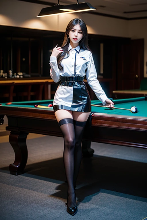 Slender Asian girl, K-pop idol, ((Billiards )), ((top-quality, 8K, tmasterpiece: 1.3)), lock focus: 1.2, Beautiful Women with Perfect Figure: 1.4, Detailed depiction of facial and skin textures, 詳細な目, skiny, beauitful face, Symmetrical face, whole-length, Thigh thick, Engraving installation, Billiard Hall,Stockings high heel,tight uniform,Billiard cue in hand