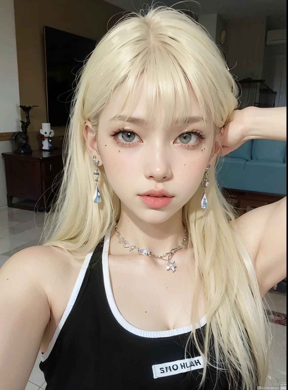 un primer plano de una mujer con cabello rubio vistiendo un top negro, Lalisa Manobal, Peinado blanco de corte hime, Cabello largo y blanco y flequillo, flequillo blanco, cabello rubio muy, very pale, extremely pale blond hair, Lalisa Manoban de Blackpink, Parque Roseanne de Blackpink, cabello whitebangs cabello, con flequillo completo, con flequillo, El Corte Hime