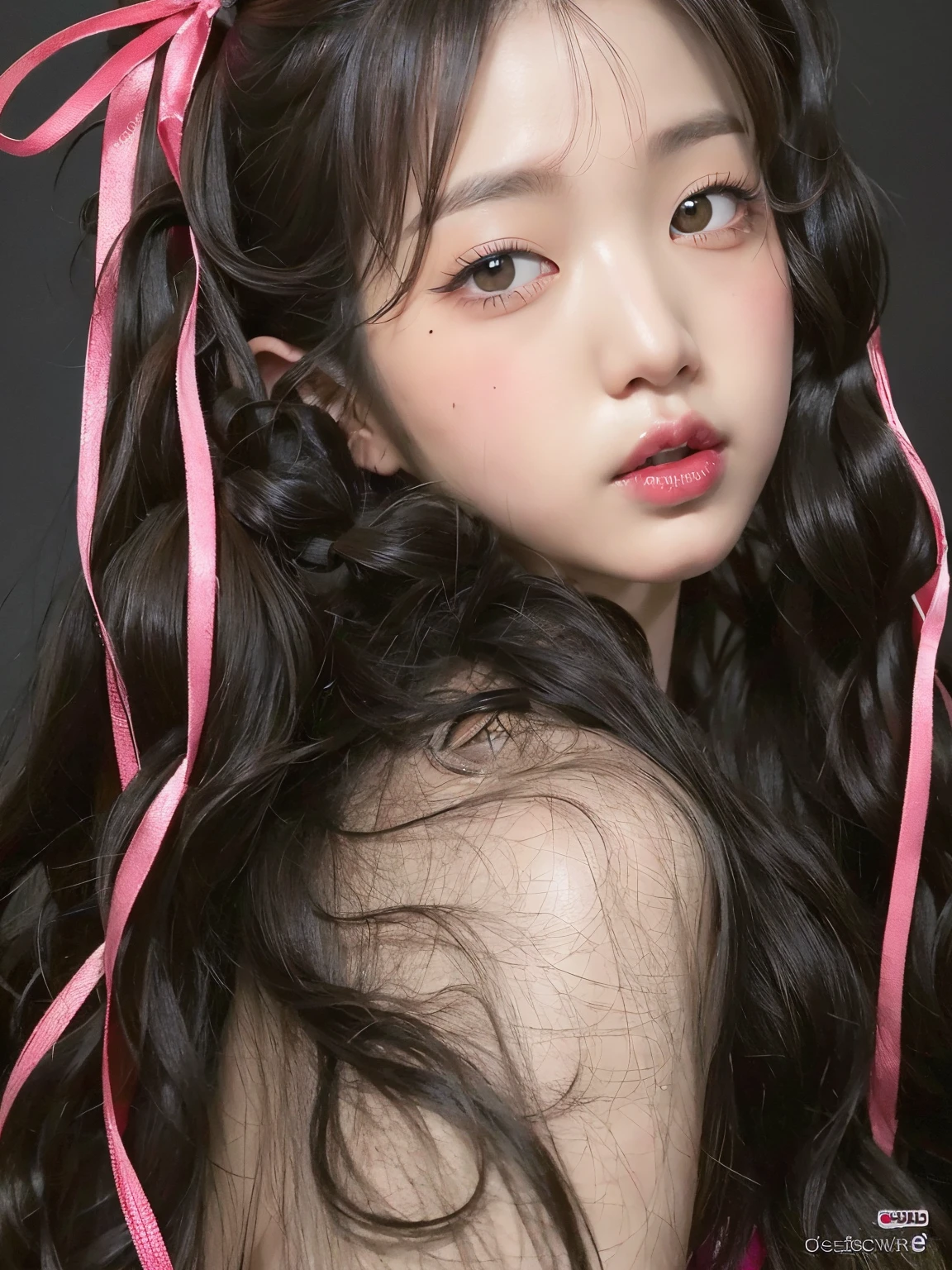 hay una mujer de pelo largo que lleva un lazo rosa, ulzzang, con cabello largo y ojos penetrantes, maquillaje popular de Corea del Sur, Ojos grandes y cabello largo y suelto, Retrato realista kawaii, maquillaje coreano popular, Pelo rosa de cola doble y ojos cian, Peinado twintails, Wan adorable cara coreana, Peinado blanco de corte hime, Beautiful aesthetic face, peinado de coletas