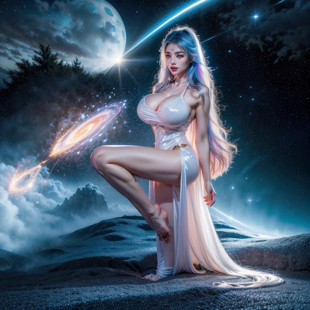 (Best quality,4K,8K,A high resolution,tmasterpiece:1.2),ultra - detailed,(actual,realistically,realistically:1.37),sporty attire,eBlue eyes,White hair,Curly-haired beauty,Her figure is the golden ratio of the human body,Fair and flawless skin ，Wear transparent silk underwear，kosmos,Interdimensional Traveler,Glowing blue portal in the background,glistening stars,galaxias,The space-time continuum,Cosmic dust floats around her,celestial glow,EtherealBeauty,with a calm expression,captivatinggaze,Interstellar Travel,Colored nebulae,dreamlike landscapes,otherworldly beauty,undying,vivd colour,vibrant tones,Lighting light,in pastel shades,Artistic creation,masterful brushstrokes,enchanting atmosphere,Surreal atmosphere,harmonious color palette,Cosmic energy flows through her,The body radiates light and energy,Wonderful atmosphere,otherworldly beauty,Enchanting aura,Universe secrets revealed.Look at the camera with both eyes，There is a taijitu in the background