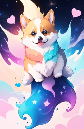 corgi, fluffy, adorable, big eyes, (pastel color scheme:1.2), bold outlines, sticker, hearts, stars, non-human, liquid color swirls, color dripping, goo, (colorful ink painting:1.2), Needle Galaxy, Twin Jet Nebula, Denebola Star