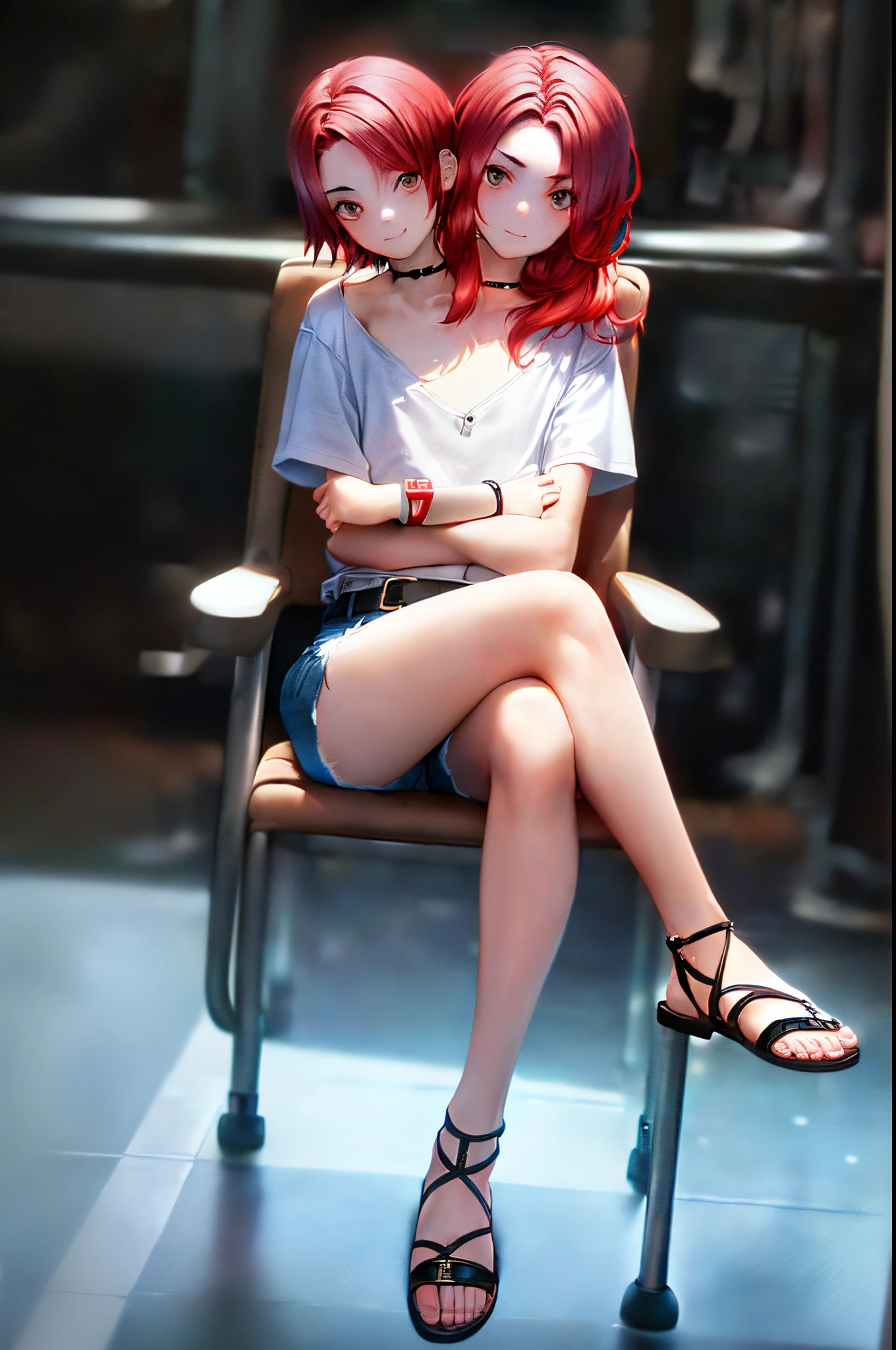 (2heads:1.5), 1boy, sitting, legs crossed, arms crossed, (messy short red hair:1.2), feminine, white t-shirt, sandals, wristband, denim shorts, (flat chest:1.5)