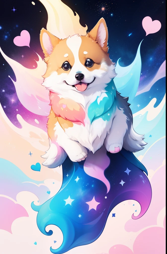 corgi, fluffy, adorable, big eyes, (pastel color scheme:1.2), bold outlines, sticker, hearts, stars, non-human, liquid color swirls, color dripping, goo, (colorful ink painting:1.2), Needle Galaxy, Twin Jet Nebula, Denebola Star