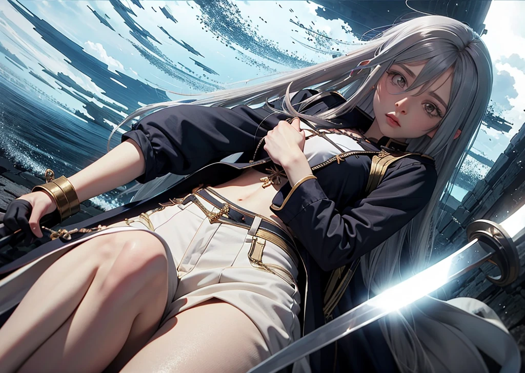 VladilenaLora, long hair, grey eyes, grey hair, sword, view from below