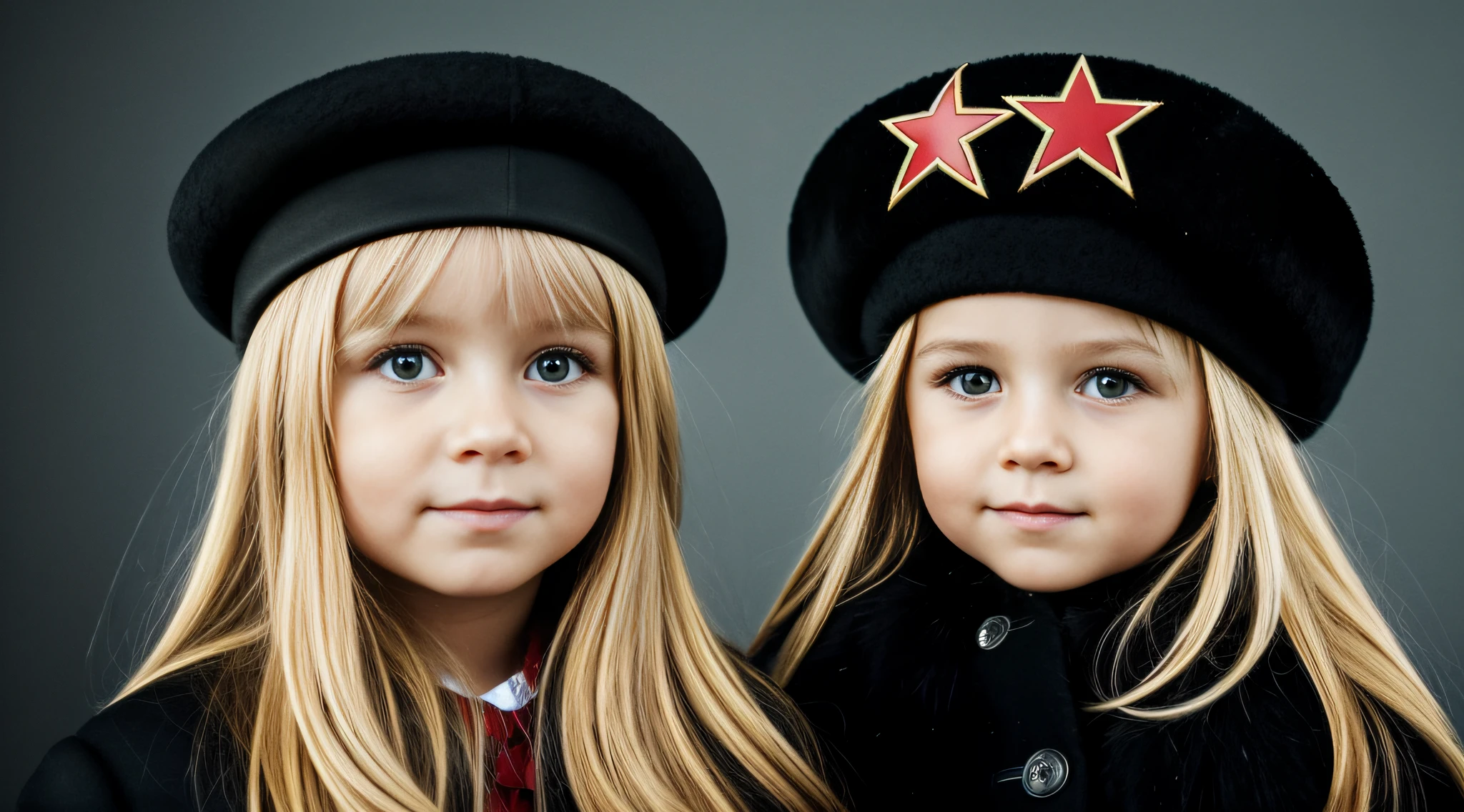 a close-up of a blonde child with long hair and a black hat with a star, URSS, boina preta com uma estrela vermelha, Russo, pele, soviete, Boinas, soviet style, SOVIET UNION, Russia, kalap, eslavo, boina preta, 1972 soviético, CCCP, plush