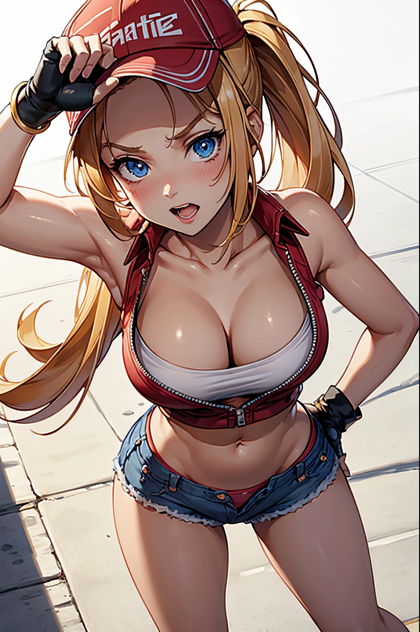 (masterpiece), best quality, expressive eyes, perfect face, highres, (8k), (perfect face), (ultra details), 1 girl, solo, terry bogard girl, blonde hair, ponytail, blue eyes, long hair, baseball cap, fingerless gloves, denim shorts, shoes, hands on own chest , blushing, frightened, anguished, open-mouthed, room background, no posing, standing, portrait, looking down