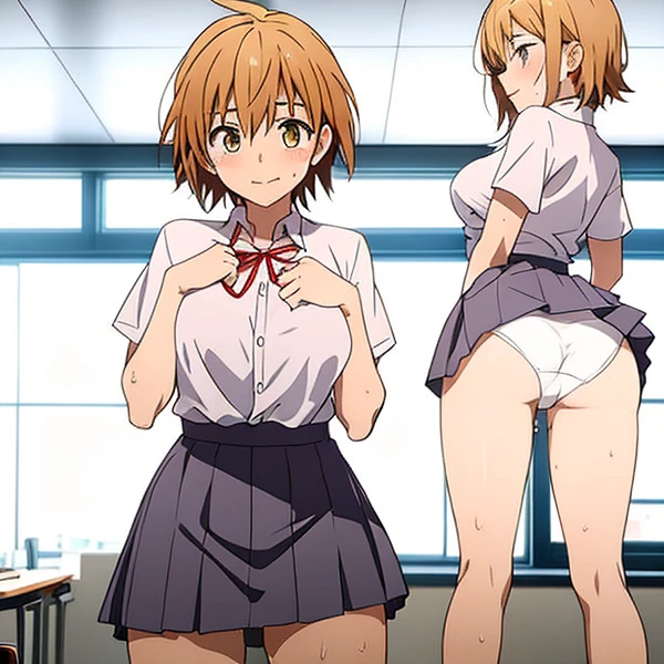 （Feminization、Japan school uniform、Check skirt、white erotic panties、Underwear that bites、makeup）、s ass、(masutepiece, Best Quality）、blushed、Embarrassed face、Teary-eyed、short-hair、full body Esbian、feminine breasts、ligh brown hair、Shiny skin、(1girll: Naughty blush, Sweat flows）