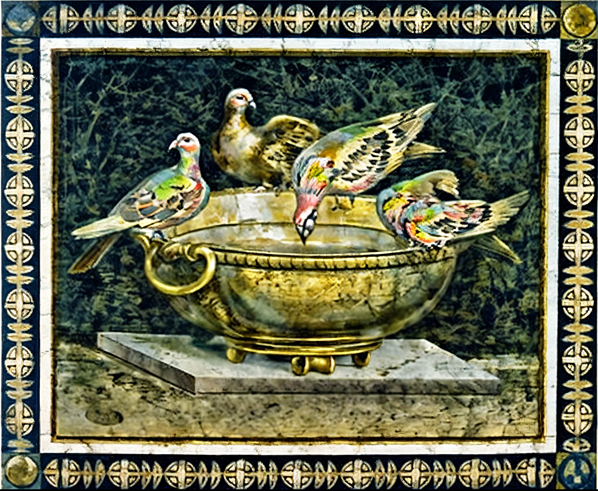 painting of a bronze bowl with doves in it and a slab, found in the ruins of pompeii, on a marble pedestal, roman, from italica, by Giovanni Battista Cipriani, fresco, by Romano Vio, by Antonio de la Gandara, by Mariotto Albertinelli, doves, by Domenico di Pace Beccafumi