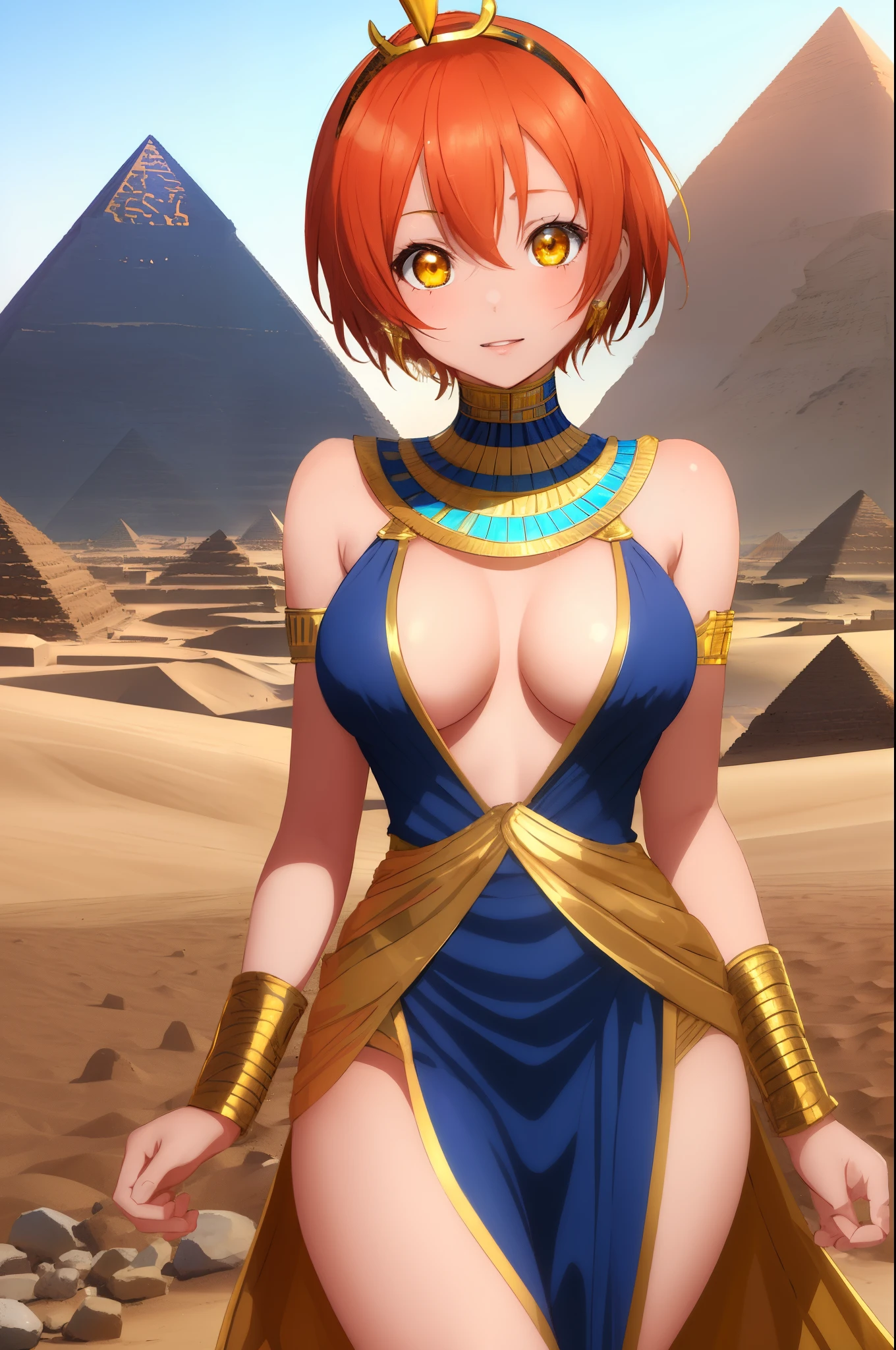 ((Masterpiece)), 8k wallpaper,Hoshizora rin,sksrin, beautiful urban female model,short hair,facial details,glowing eyes,detailed body part details,looking at viewer,thighs,(wearing sexy Egyptian dress),tiara,in Egyptian desert,sun and pyramid in background.