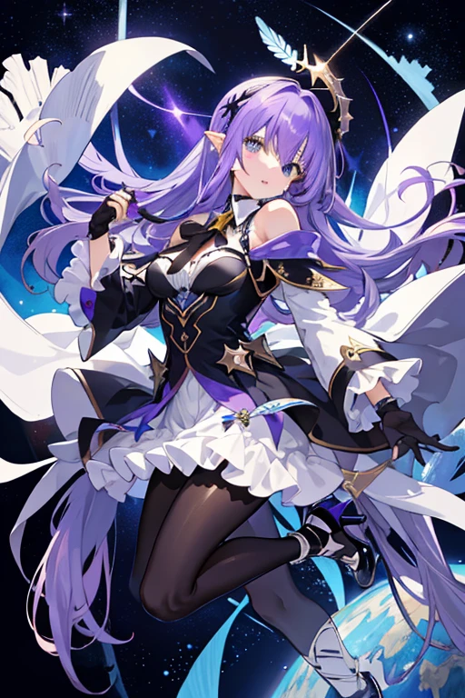((tmasterpiece:1.4,Best quality))++,(hyper-detailing)+,(Best quality,hyper-detailing,vibrant with colors,rich colourful,dynamic angle,hight contrast:1.2),one-girl,Height about 158cm ,The left eye wears a dark purple eyepatch ,Alone, Collar, As estrelas (symbol), long whitr hair, Long blue-purple hair, Shawl hair,blue purple starry sky eyes, shinning eyes, jewely,M bangs, Blue, purple, black and pink dress,cropped shoulders,longer sleeves,European,There are ear feathers behind the ears,The bird,Secondary disease, The landscape, nigh sky, As estrelas (Skysky), starrysky, the night, En plein air, clouds, Reflectors, tarot cards,((Beautiful golden crystal star))beautiful silver stars, the space, flatchest,Black pantyhose(There are stars on it),Blue and purple high heels(short high heels),Wearing black fingerless gloves,Draw the whole body,Fashionab, with dynamism, garments, posing on a, frontage, rich colourful, dyna, Background with, element in, self-assured, Expressing the, statement, fittings, A majestic, coil, Runt, Scenes, Cover of a, boldness, attention-grabbing,Fashionab, typeface, Catchy, attention-grabbing, modern day, Fashionab, focal, Fashionab,delicated face,exquisite facial features,