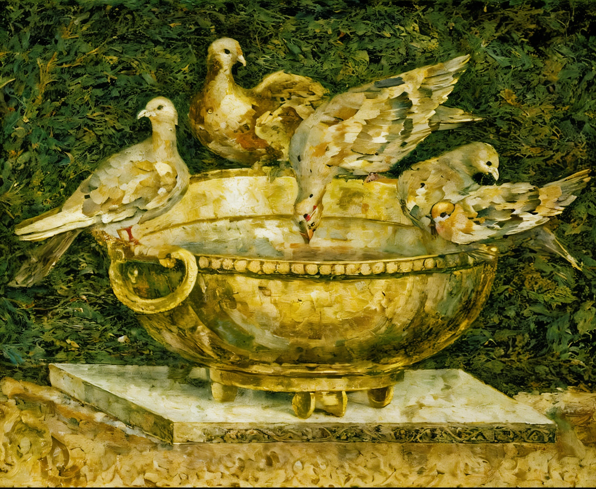 painting of a bowl with doves in it on a table, by Pisanello, by Piero di Cosimo, by Andrea Mantegna, tintoretto. detailed, renaissance still life painting, by Paolo Uccello, mantegna, by Domenico di Pace Beccafumi, sandro bottecelli, inspired by Andrea Mantegna