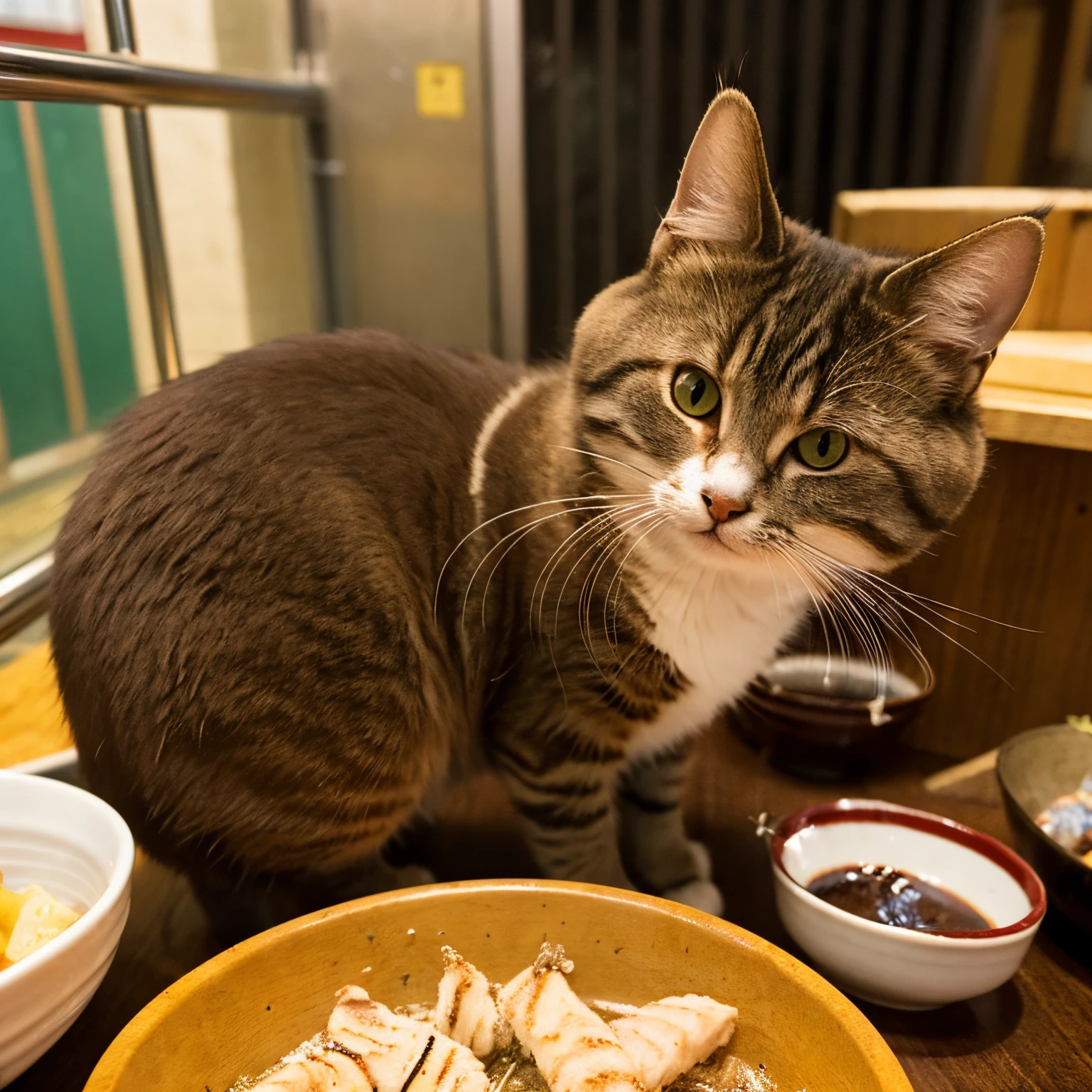 Cute cat eating yakitori
