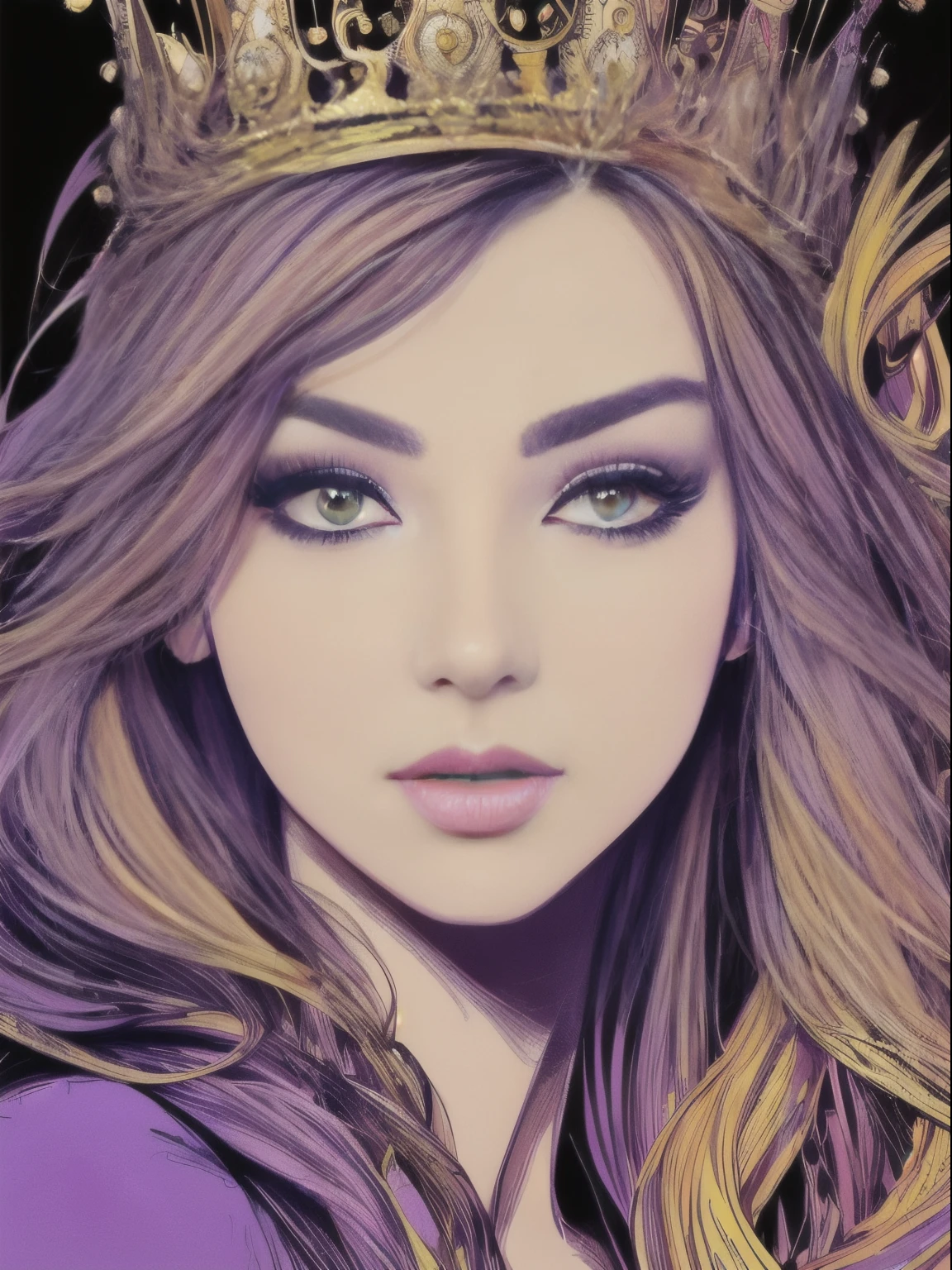 ((best quality)), ((masterpiece)), (detailed), perfect faceHighly detailed, High Quality, Masterpiece, beautiful, FISideRight cafe, right side face angle, 1girl, solo, ((best quality)), ((masterpiece)), (detailed), perfect face, abstract beauty, Create a digital art work in pop art style, luxury elegance bold with hint of feminine, happy & youthful, authentic, brave, princess wearing crown, (purple), (gold), centered, key visual, intricate, highly detailed, breathtaking beauty, precise lineart, vibrant, comprehensive cinematic, Carne Griffiths, Conrad Roset, vector art, Colorful graffiti illustration, (the most beautiful portrait in the world:1.5)