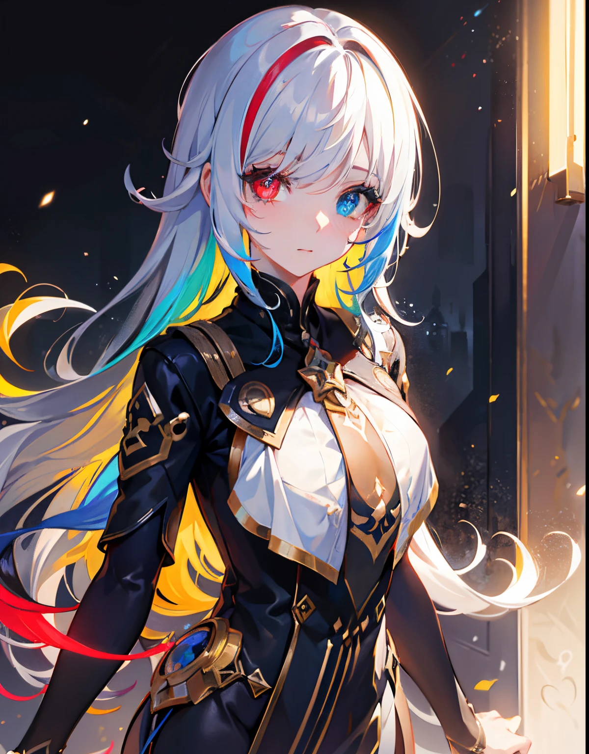{{masterpiece}}, best quality, extremely detailed CG unity 8k wallpaper, cinematic lighting, lens flare, beautiful detail eyes, black, side glance, multicolor hair, colorful light, particles, heterochromia, (colorful:1.5), (colorful hair:1.5),