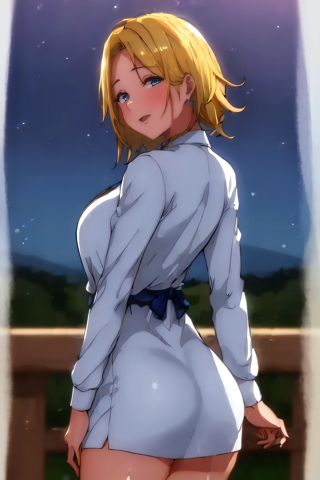 (Noche:1.7), (master piece), expressive EYES, perfect face, FRONT VIEWER, Standing at attention, escuela_uniforme,Camisa blanca,Camisa con cuello, azul_Plisado_falda, jewely,鎖骨, cabello rubio, ojos azules,pelo corto, 1 girl, 20yo,Mujer joven,Hermoso dedo,Hermosas piernas largas,hermoso cuerpo,Hermosa nariz,Beautiful character design, ojos perfectos, Cara perfecta,ojos expresivos, Mirando al espectador, En el centro de la imagen,(superior_cuerpo),(primer plano),(Focus on her face),sonrisa malvada, Perfect lighting,De Color, brillante_frente_cara_luci, perfect face (Obra maestra:1.0),(mejor_Quality:1.0), ultra-high-resolution,4k,Ultra detallado, Cinematographer, 8k, HDR, Altas Resoluciones, absurdos:1.2, Kodak Portra 400, Film grain, fondo borroso, Bokeh:1.2, Destello de lente, (Vibrante_Color:1.2) (Beautiful,big size ass_senos:1.4), (Beautiful_cara:1.5),(estrecho_cintura), BLONDE HAIR