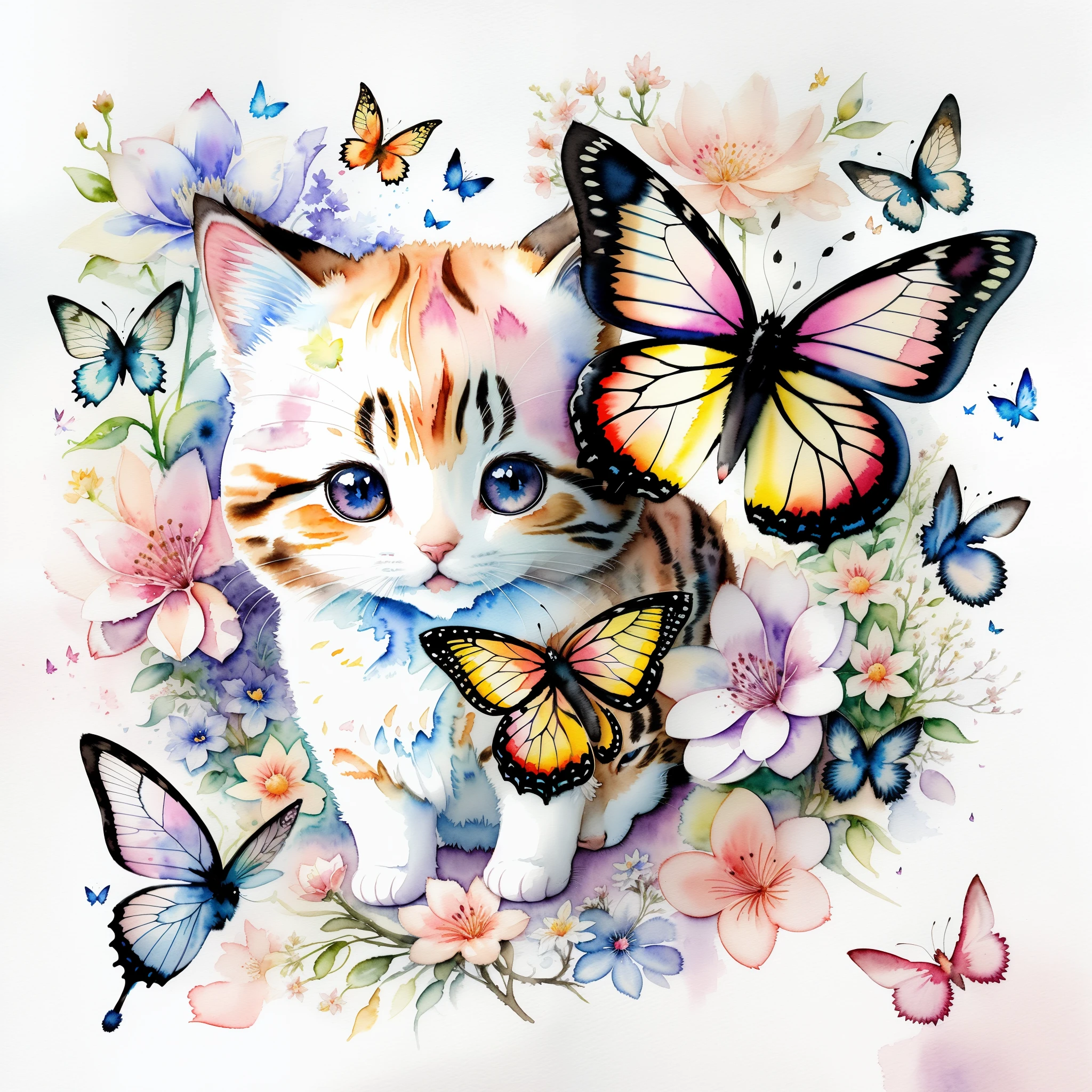 Kittens、illustratio、watercolor paiting、 Fantasia、butterflys々Fluttering、Deformed、portraitures、Playfulness、another variation