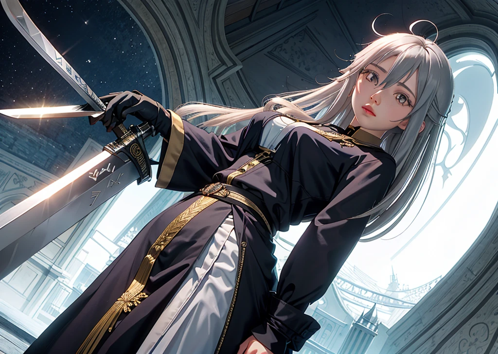 VladilenaLora, long hair, grey eyes, grey hair, sword, view from below