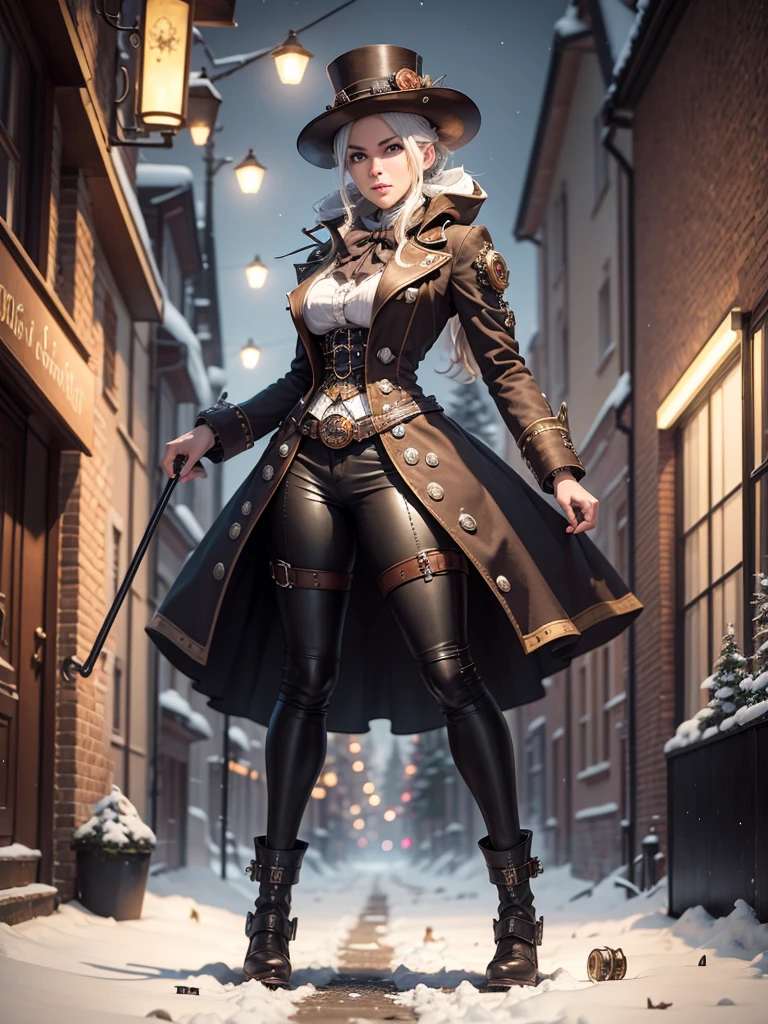 Full body portrait, Steampunk Weihnachtsmann mit Schlitten, Beautiful, detailreiches Weihnachtsfest, Schnee, Nacht, Szene, Dynamische Leuchten, Fotorealismus, shiny, Hohe Detailgenauigkeit, Ultra-detailliert, 4 k., Steampunk-Stil