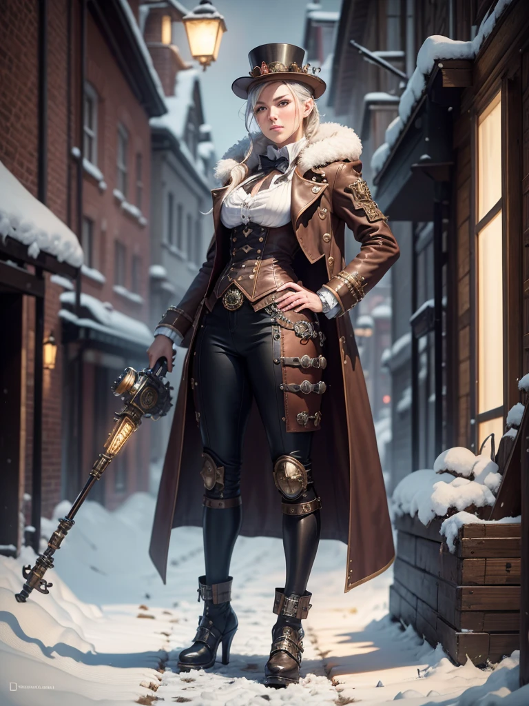 Full body portrait, Steampunk Weihnachtsmann mit Schlitten, Beautiful, detailreiches Weihnachtsfest, Schnee, Nacht, Szene, Dynamische Leuchten, Fotorealismus, shiny, Hohe Detailgenauigkeit, Ultra-detailliert, 4 k., Steampunk-Stil